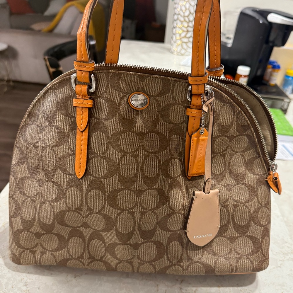 Coach Brown and Tan Dome purse with Orange Accents